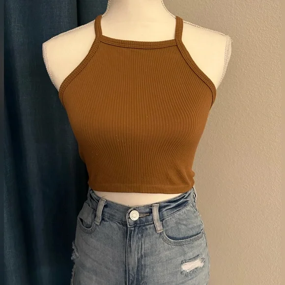 Brown Stretchy Ribbed High Racerback Neck Crop Top Tank Sleeveless Size S/M - Picture 3 of 6